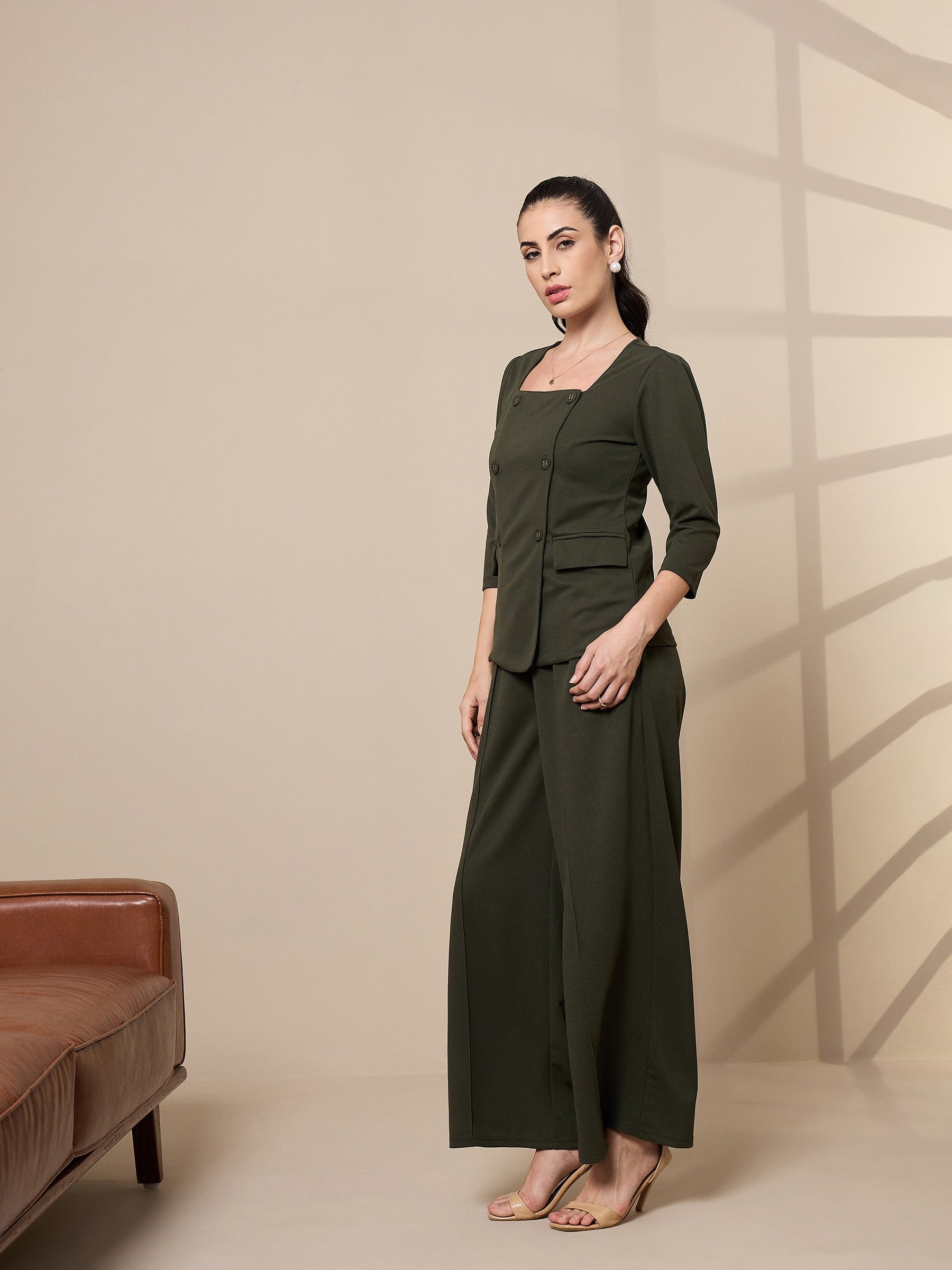 Olive Square Neck Top With Wide Leg Pants-SASSAFRAS worklyf