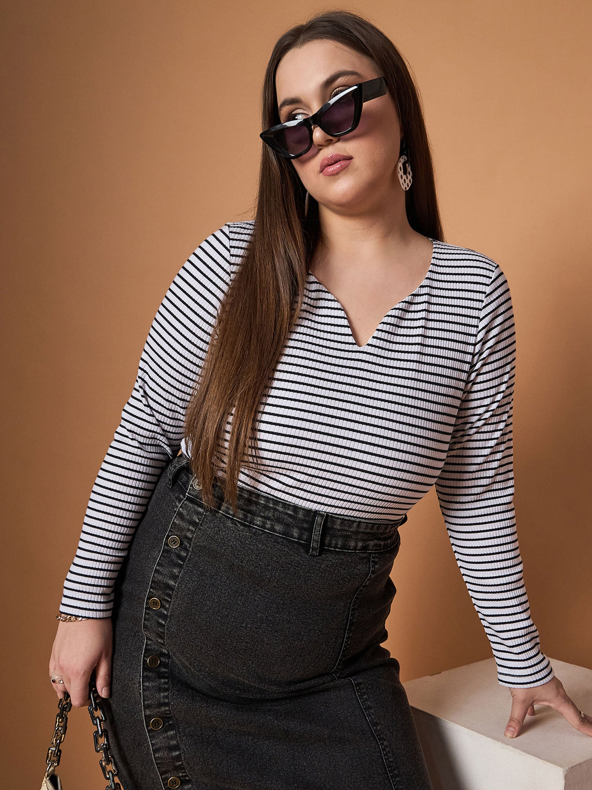 Black & White Rib Stripe Full Sleeves Top-SASSAFRAS Curve