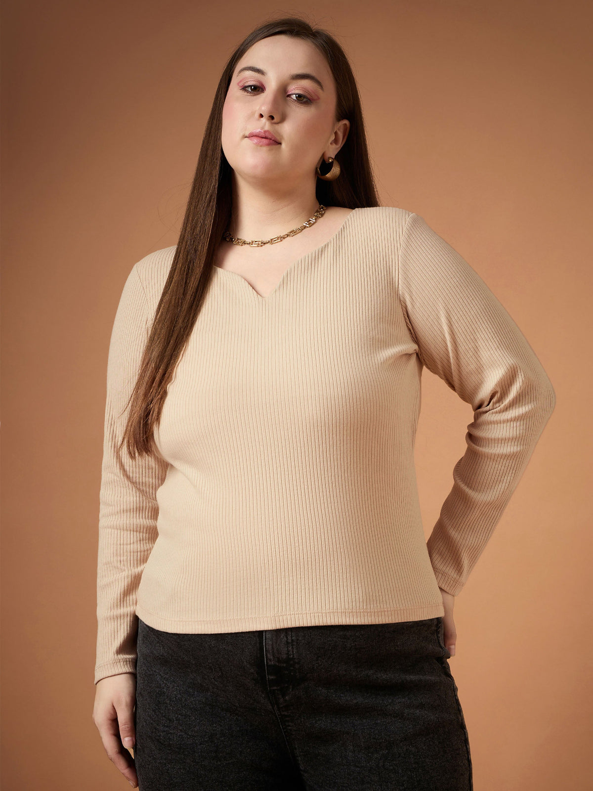 Beige Rib Full Sleeves Top -SASSAFRAS Curve