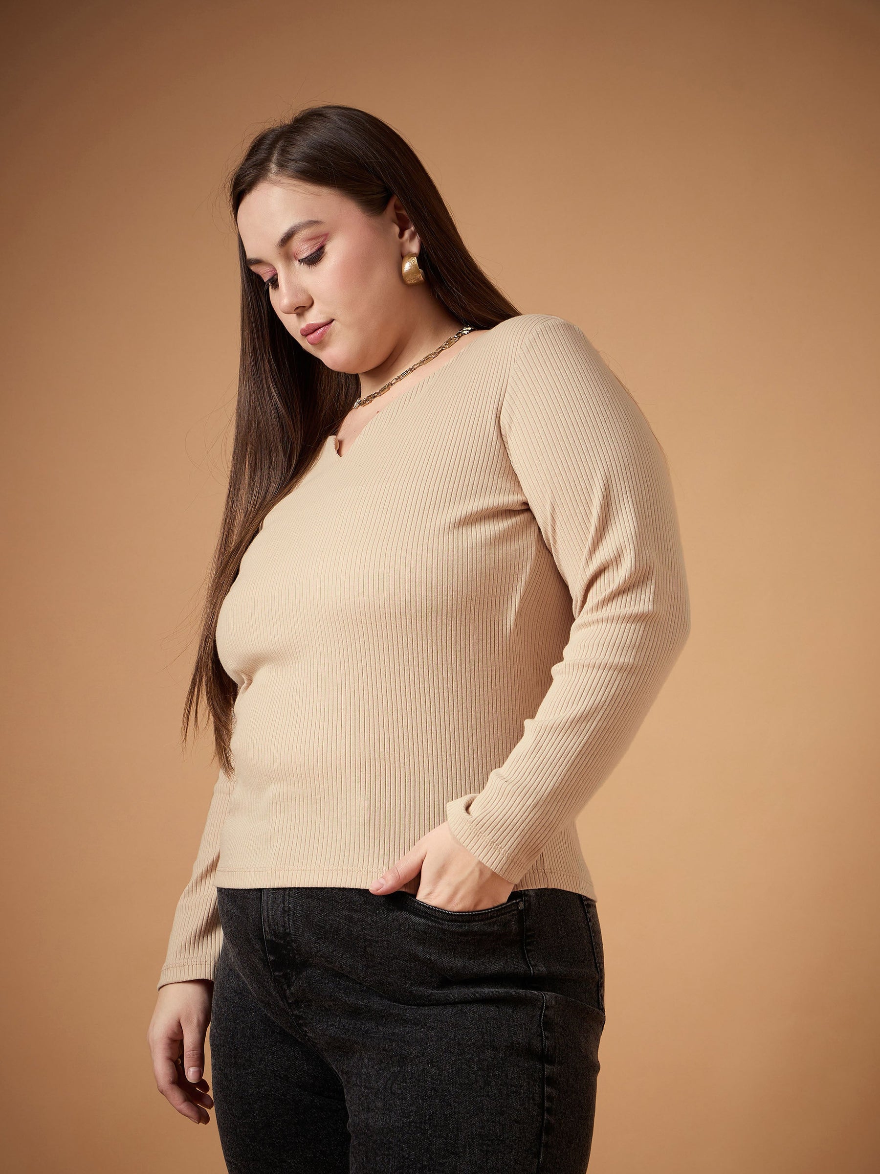 Beige Rib Full Sleeves Top -SASSAFRAS Curve