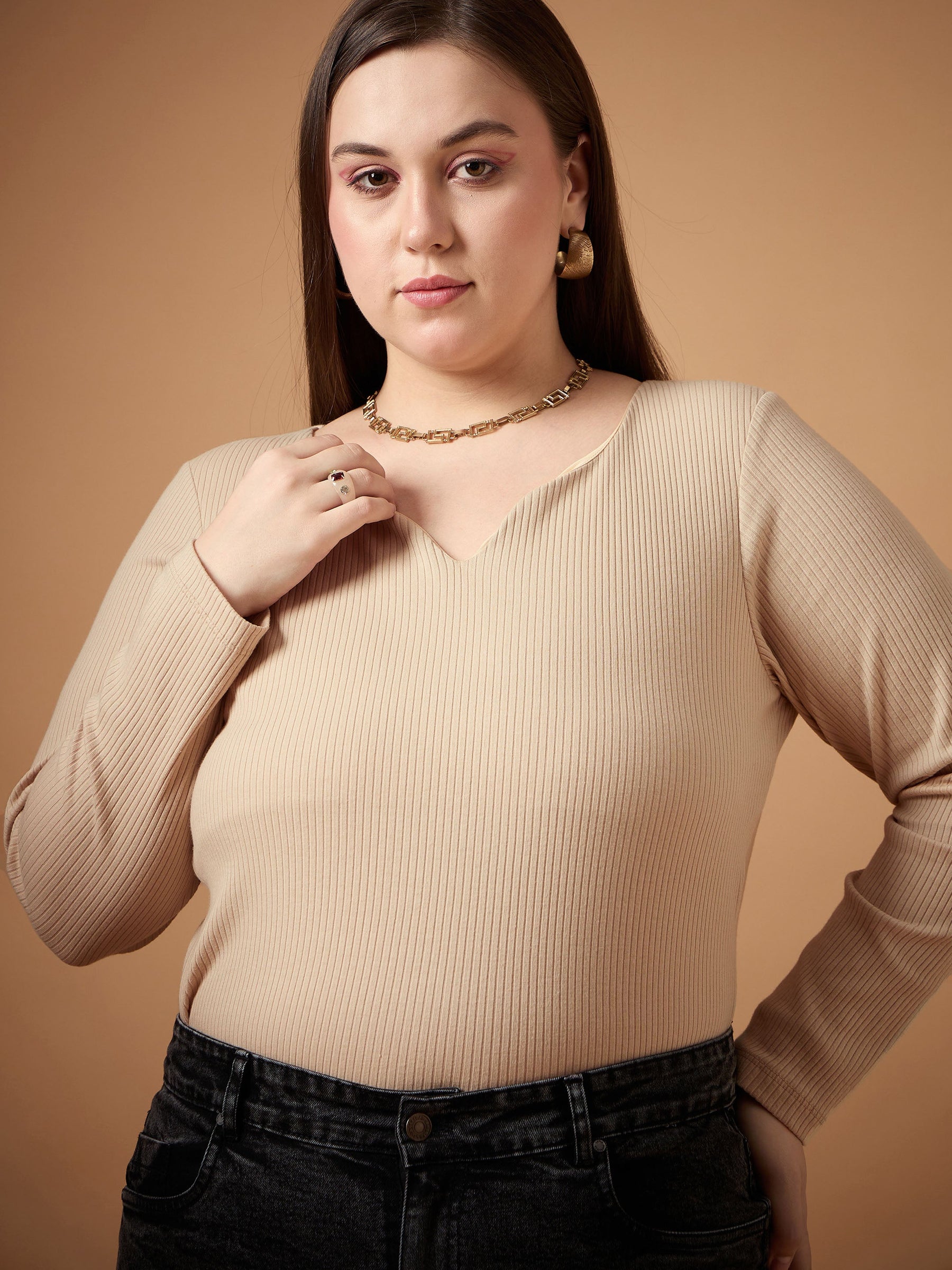 Beige Rib Full Sleeves Top -SASSAFRAS Curve