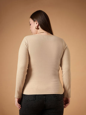 Beige Rib Full Sleeves Top -SASSAFRAS Curve