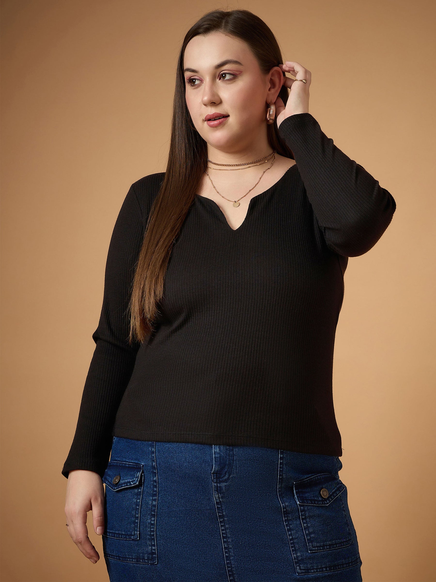 Black Rib Full Sleeves Top -SASSAFRAS Curve