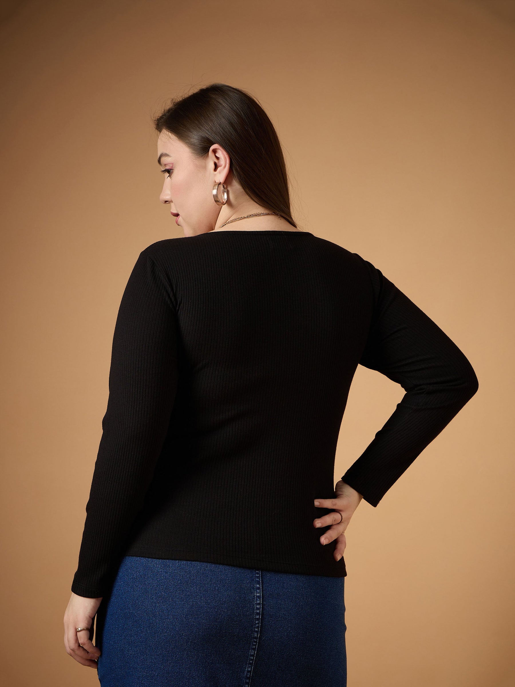 Black Rib Full Sleeves Top -SASSAFRAS Curve