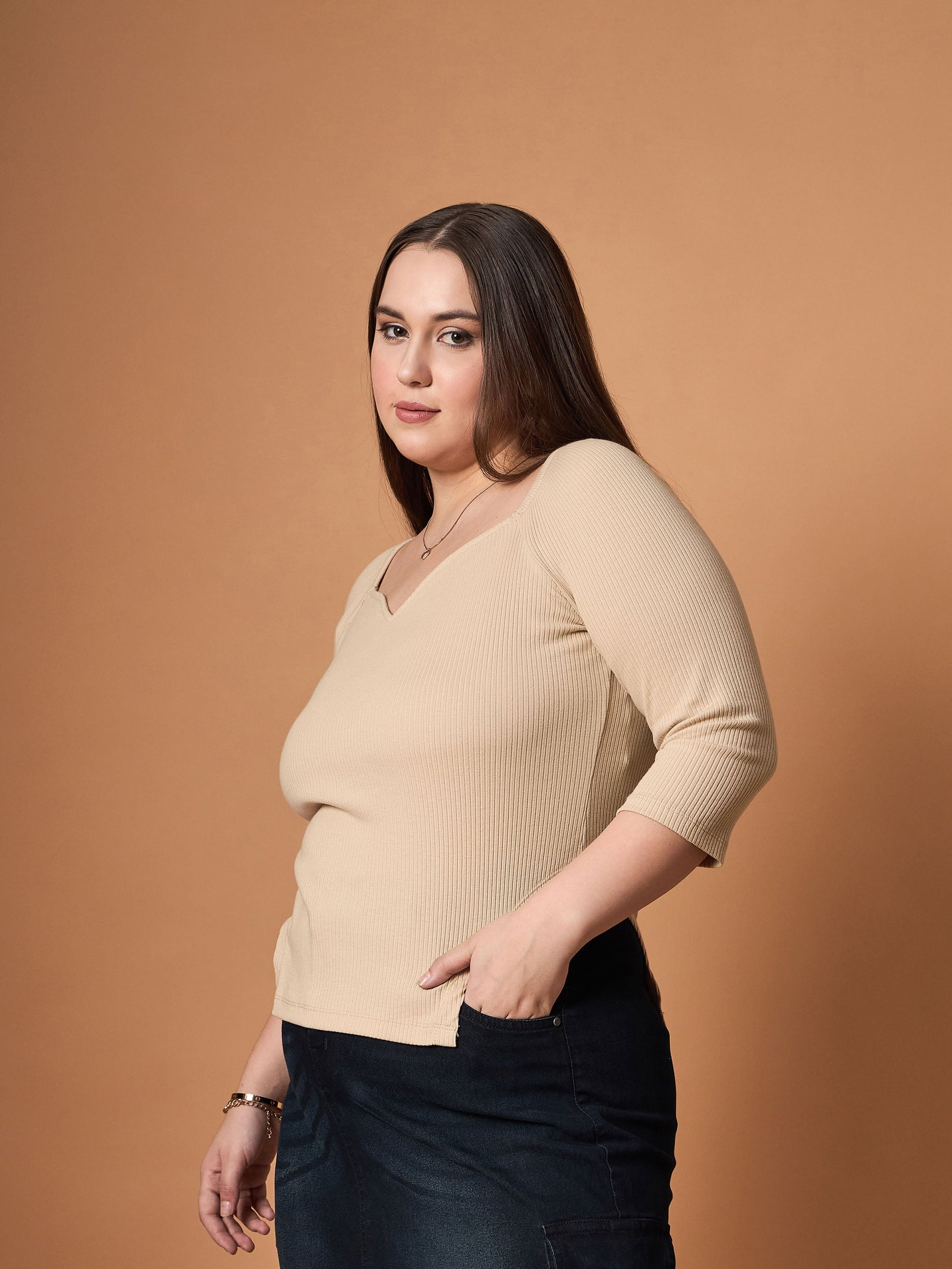 Beige Rib Sweetheart Neck Top -SASSAFRAS Curve