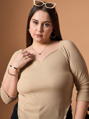 Beige Rib Sweetheart Neck Top -SASSAFRAS Curve