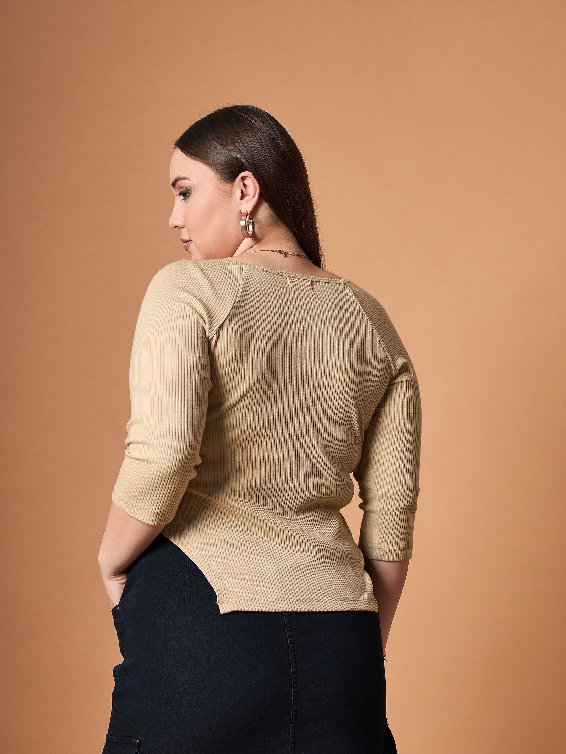 Beige Rib Sweetheart Neck Top -SASSAFRAS Curve