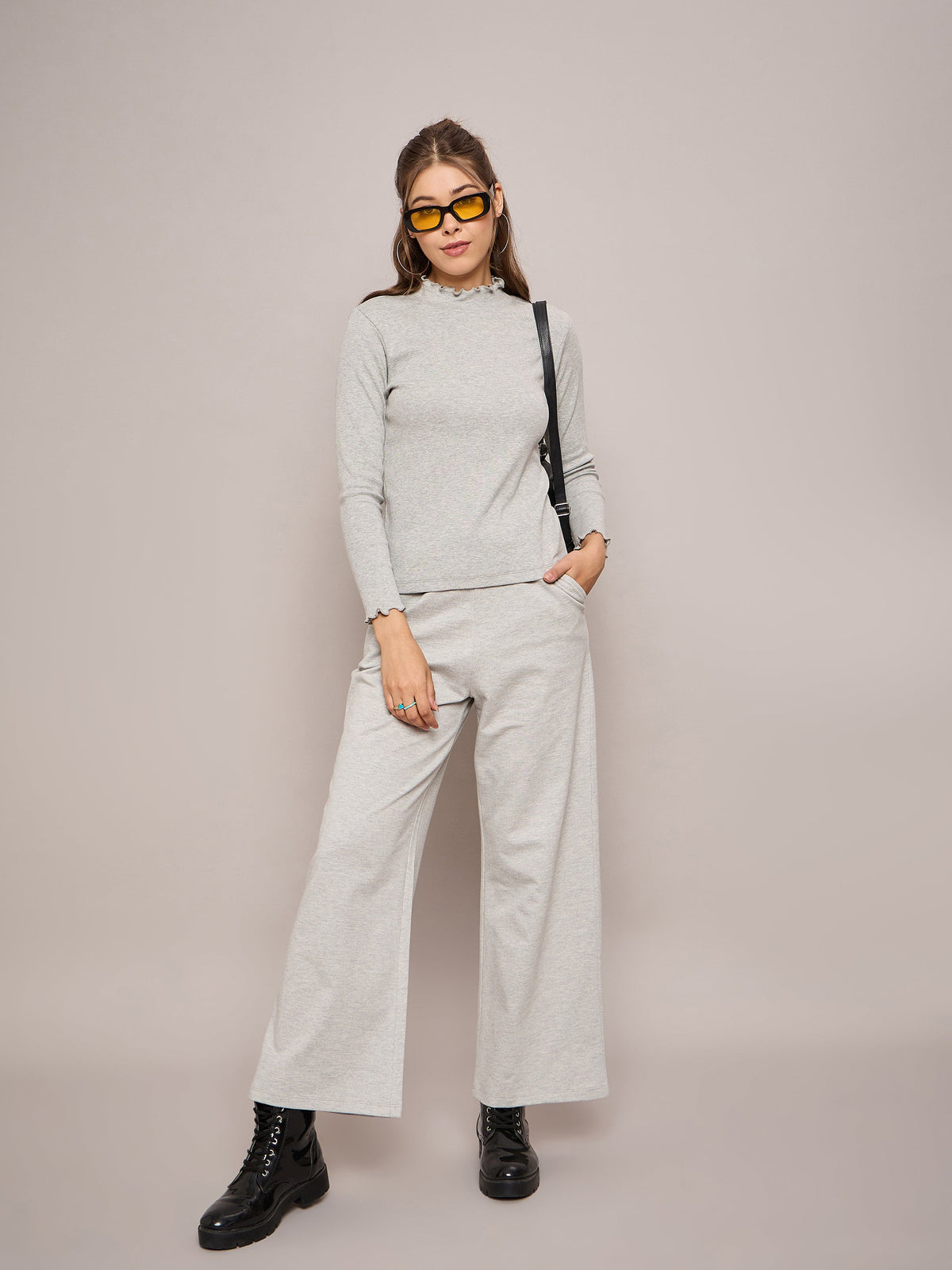 Grey Melange Rib High Neck Full Sleeve Top  With Terry Pants-SASSAFRAS BASICS