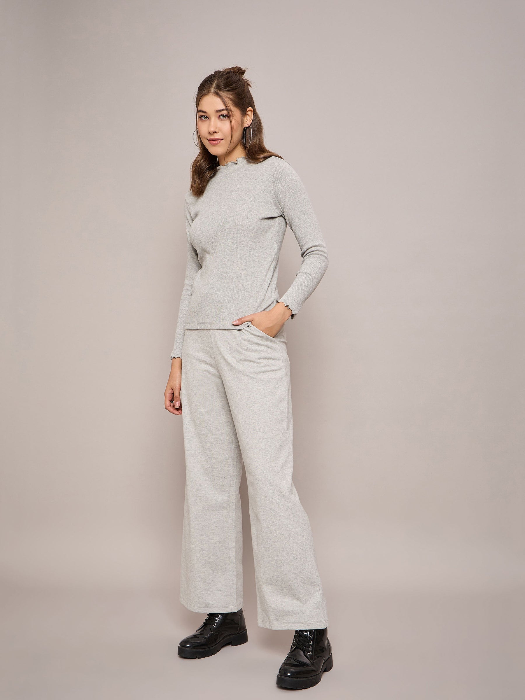 Grey Melange Rib High Neck Full Sleeve Top  With Terry Pants-SASSAFRAS BASICS