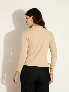 Beige Rib High Neck Full Sleeve Top -SASSAFRAS