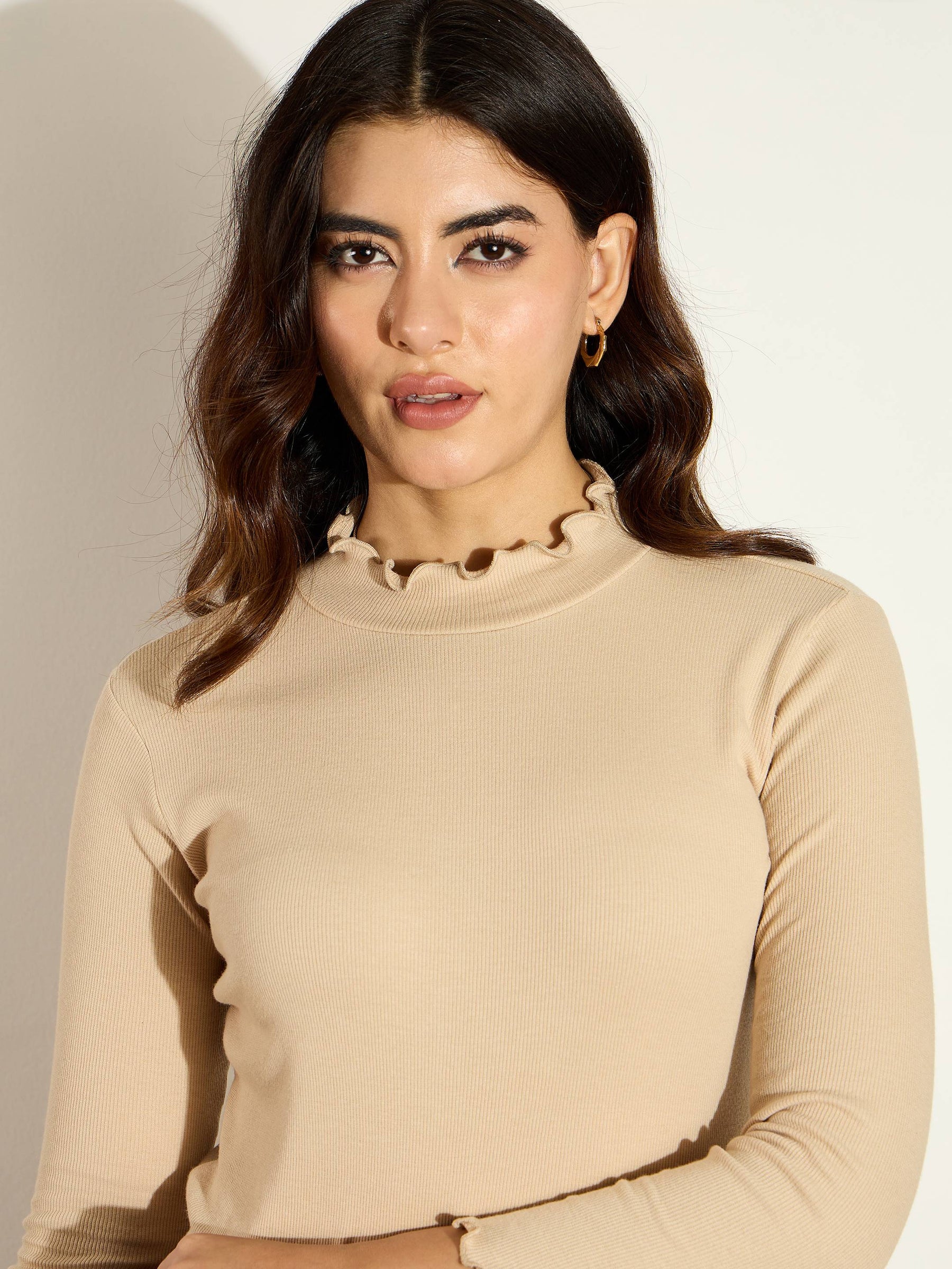 Beige Rib High Neck Full Sleeve Top -SASSAFRAS