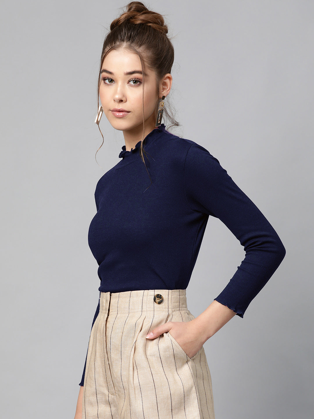 Navy Blue Rib High Neck Full Sleeve Top -SASSAFRAS