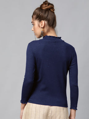 Navy Blue Rib High Neck Full Sleeve Top -SASSAFRAS