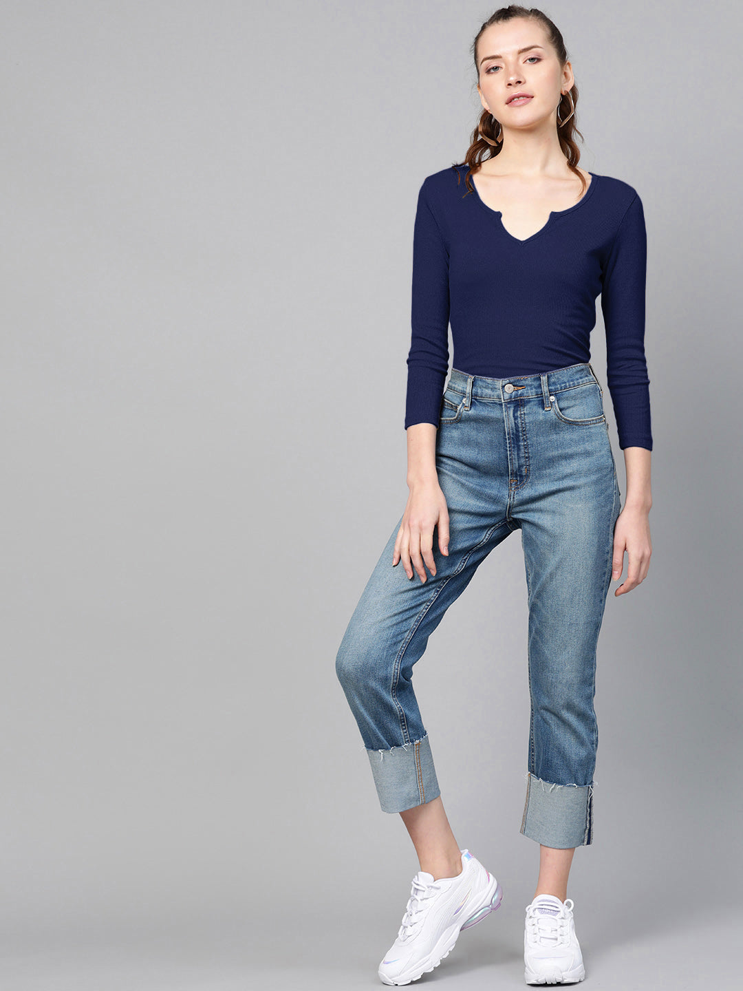 Navy Blue Rib Drop V-Neck Top-SASSAFRAS