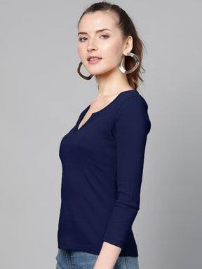 Navy Blue Rib Drop V-Neck Top-SASSAFRAS