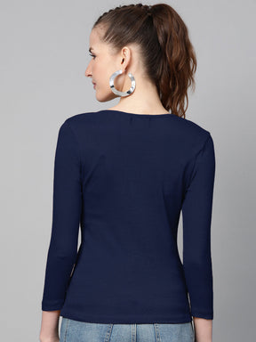 Navy Blue Rib Drop V-Neck Top-SASSAFRAS