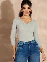 Grey Melange Rib Drop V-Neck Top-SASSAFRAS