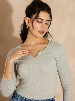 Grey Melange Rib Drop V-Neck Top-SASSAFRAS