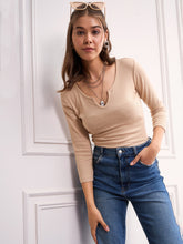 Beige Rib Drop V-Neck Top-SASSAFRAS