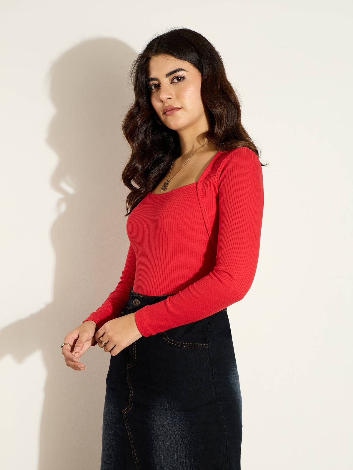 Red Rib Square Neck Full Sleeves Top-SASSAFRAS