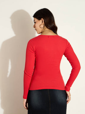 Red Rib Square Neck Full Sleeves Top-SASSAFRAS