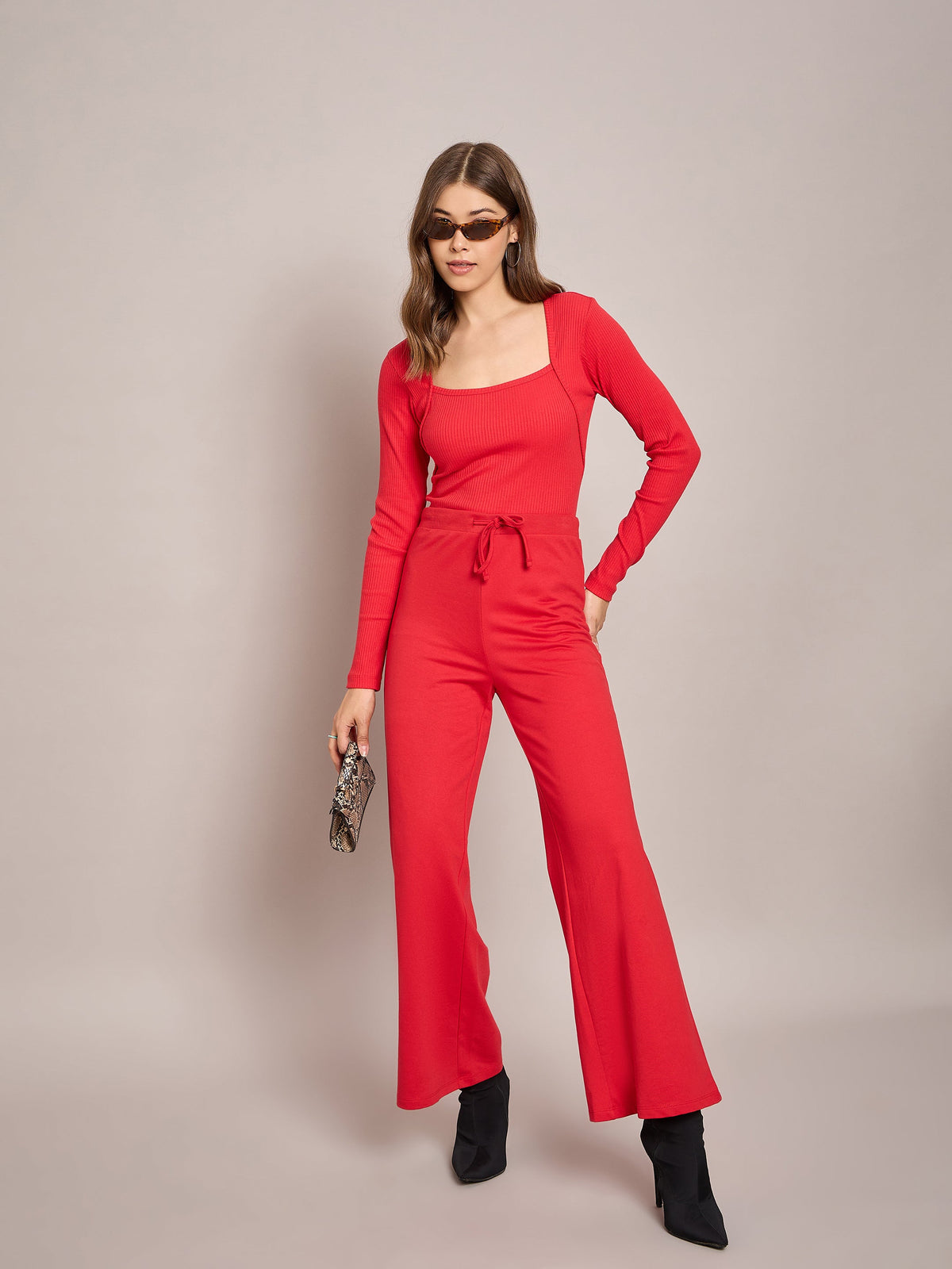 Red Rib Square Neck Full Sleeves Top With Terry Pants-SASSAFRAS BASICS