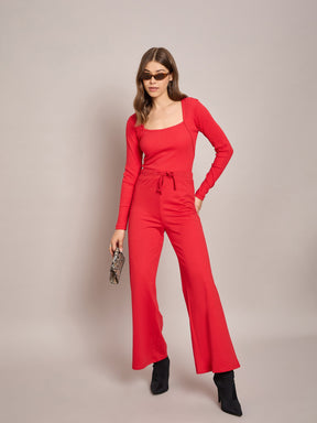 Red Rib Square Neck Full Sleeves Top With Terry Pants-SASSAFRAS BASICS