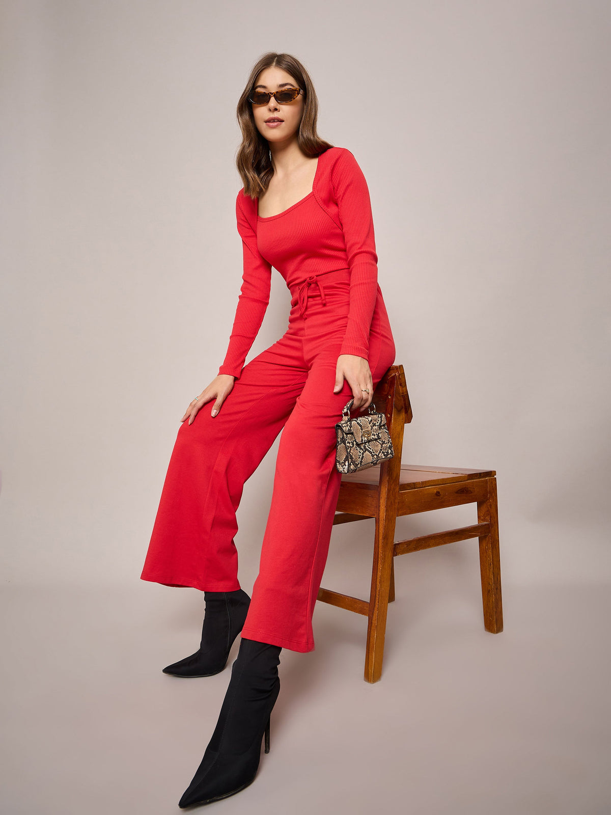 Red Rib Square Neck Full Sleeves Top With Terry Pants-SASSAFRAS BASICS