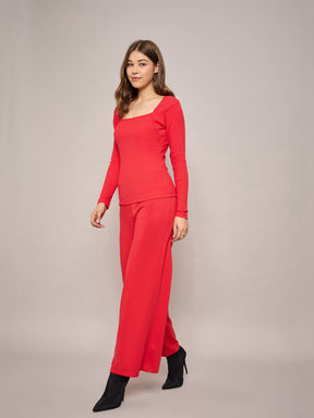 Red Rib Square Neck Full Sleeves Top With Terry Pants-SASSAFRAS BASICS