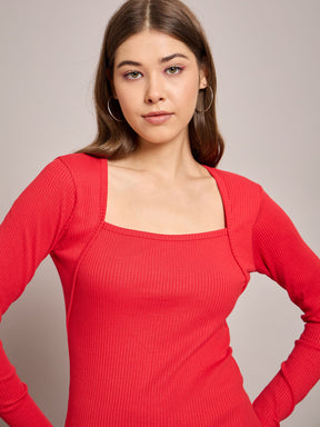 Red Rib Square Neck Full Sleeves Top With Terry Pants-SASSAFRAS BASICS