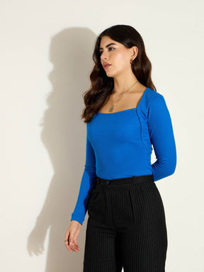 Royal Blue Rib Square Neck Full Sleeves Top-SASSAFRAS