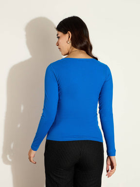 Royal Blue Rib Square Neck Full Sleeves Top-SASSAFRAS