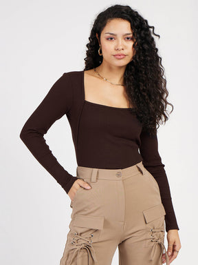 Dark Brown Rib Square Neck Full Sleeves Top-SASSAFRAS