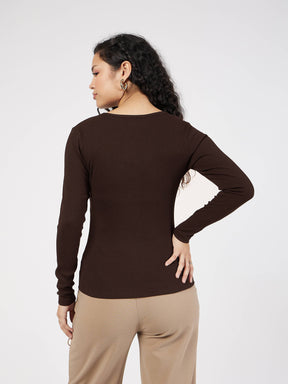 Dark Brown Rib Square Neck Full Sleeves Top-SASSAFRAS