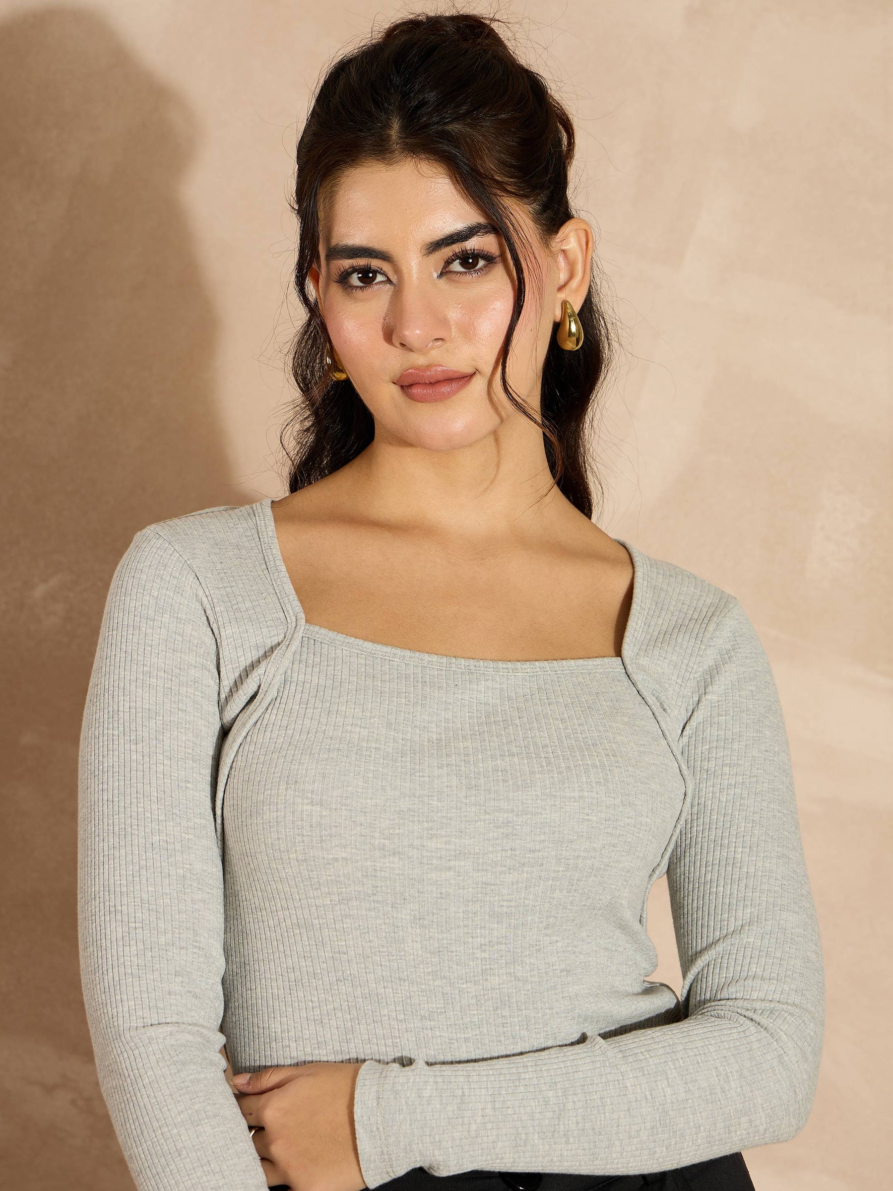 Grey Melange Rib Square Neck Full Sleeves Top-SASSAFRAS