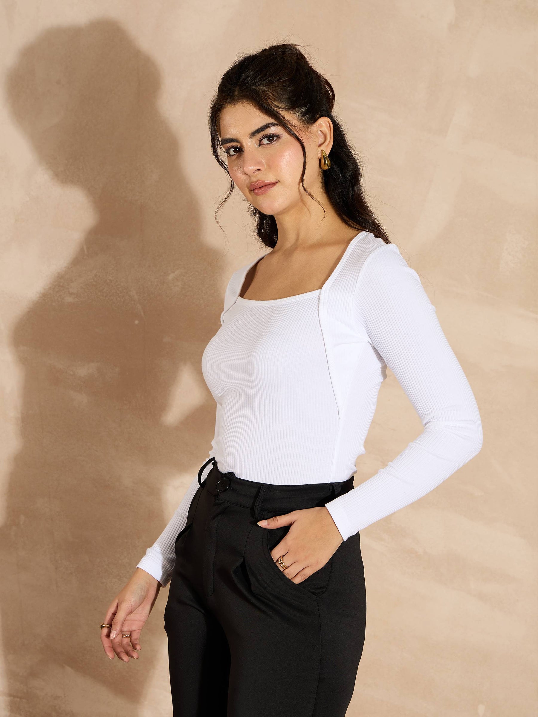 White Rib Square Neck Full Sleeves Top-SASSAFRAS