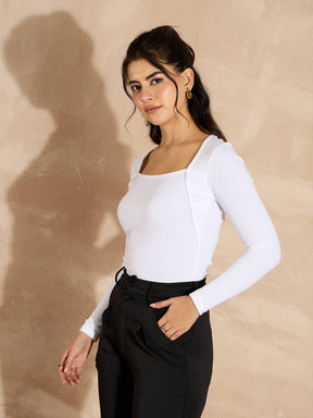 White Rib Square Neck Full Sleeves Top-SASSAFRAS