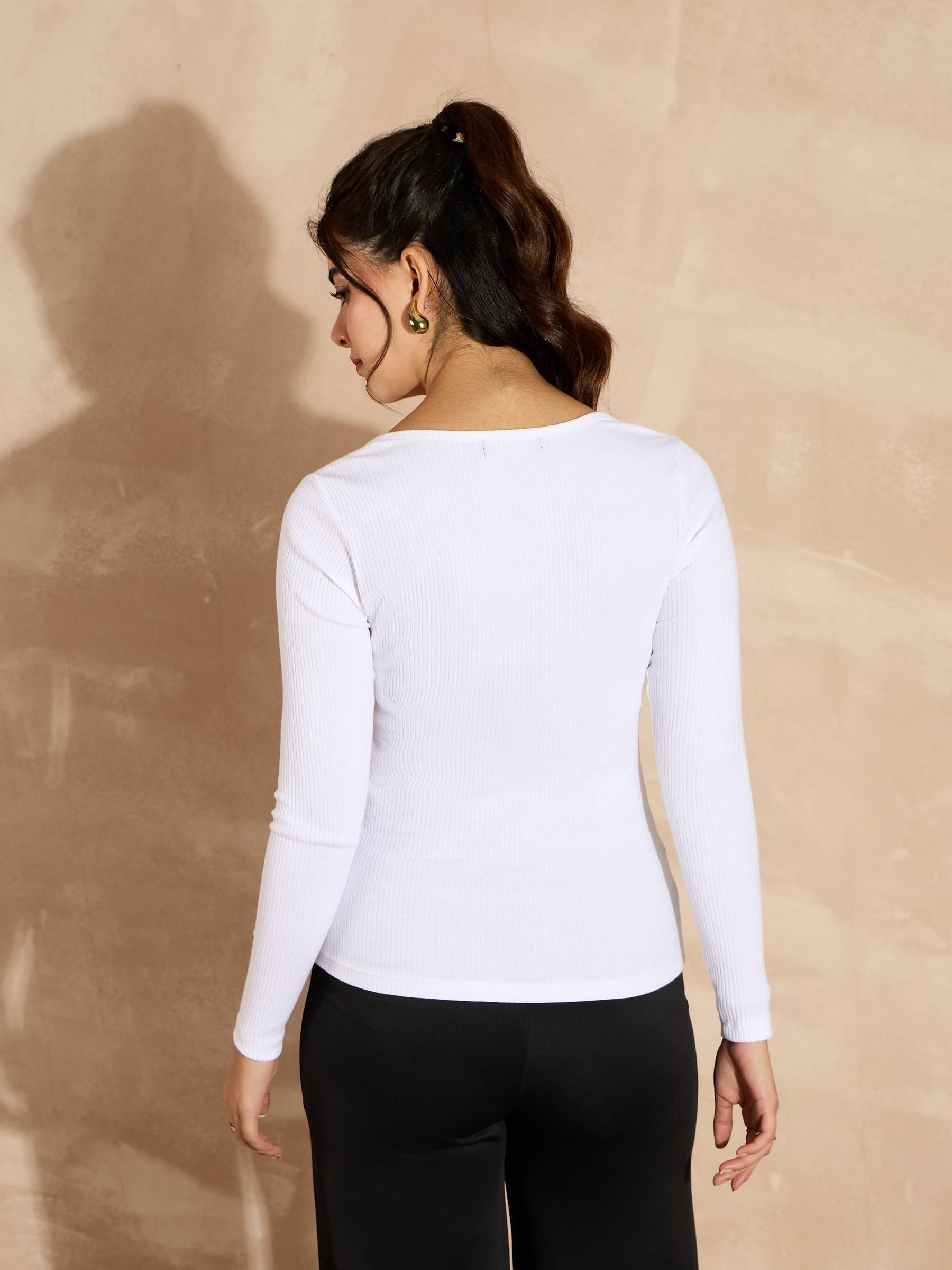 White Rib Square Neck Full Sleeves Top-SASSAFRAS