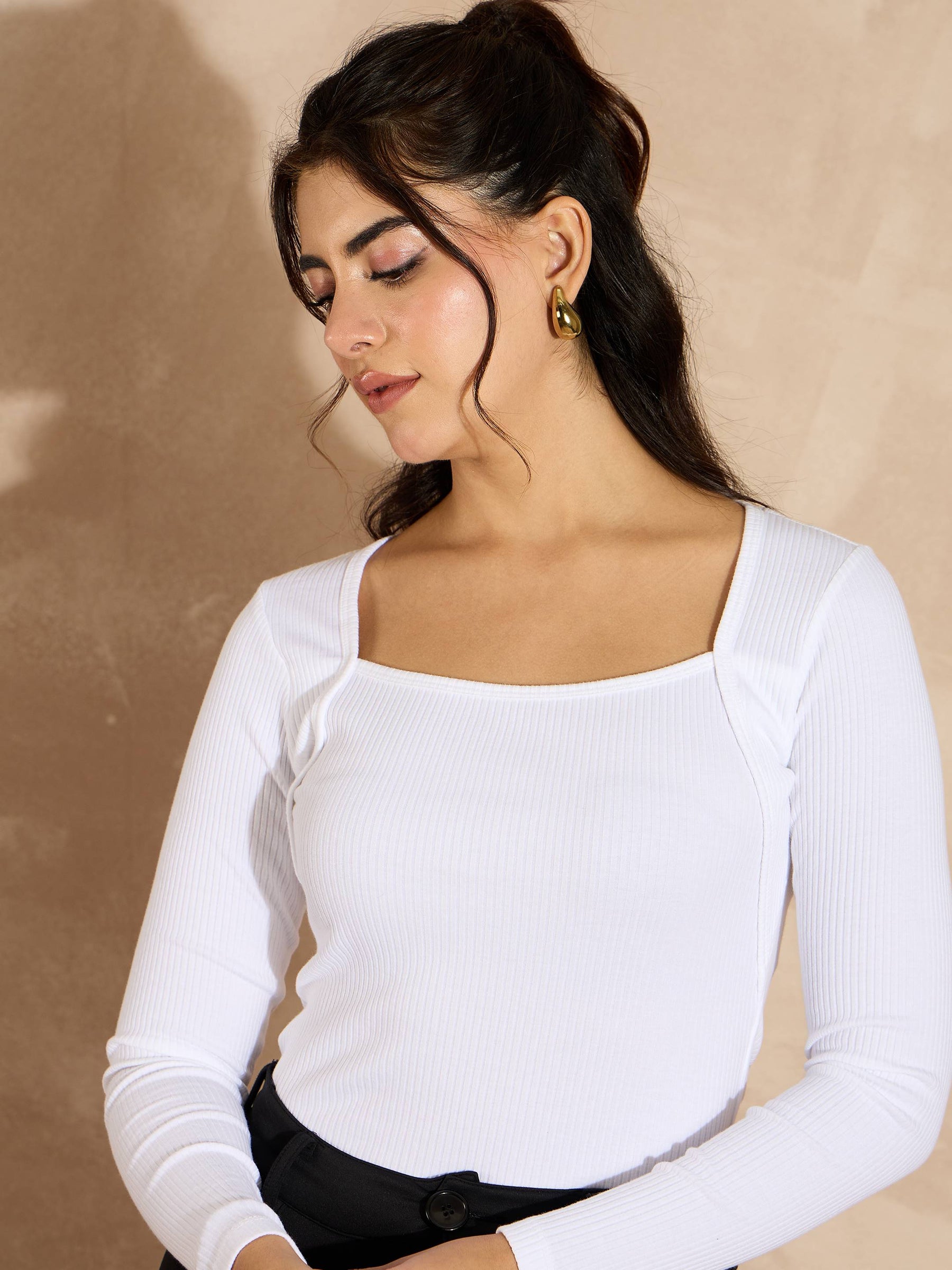 White Rib Square Neck Full Sleeves Top-SASSAFRAS