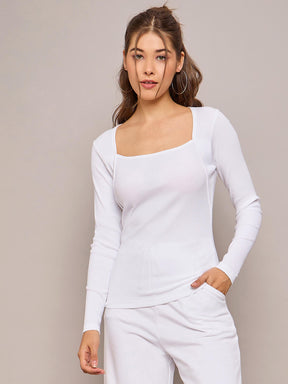 White Rib Square Neck Full Sleeves Top with Terry Track Pants-SASSAFRAS BASICS