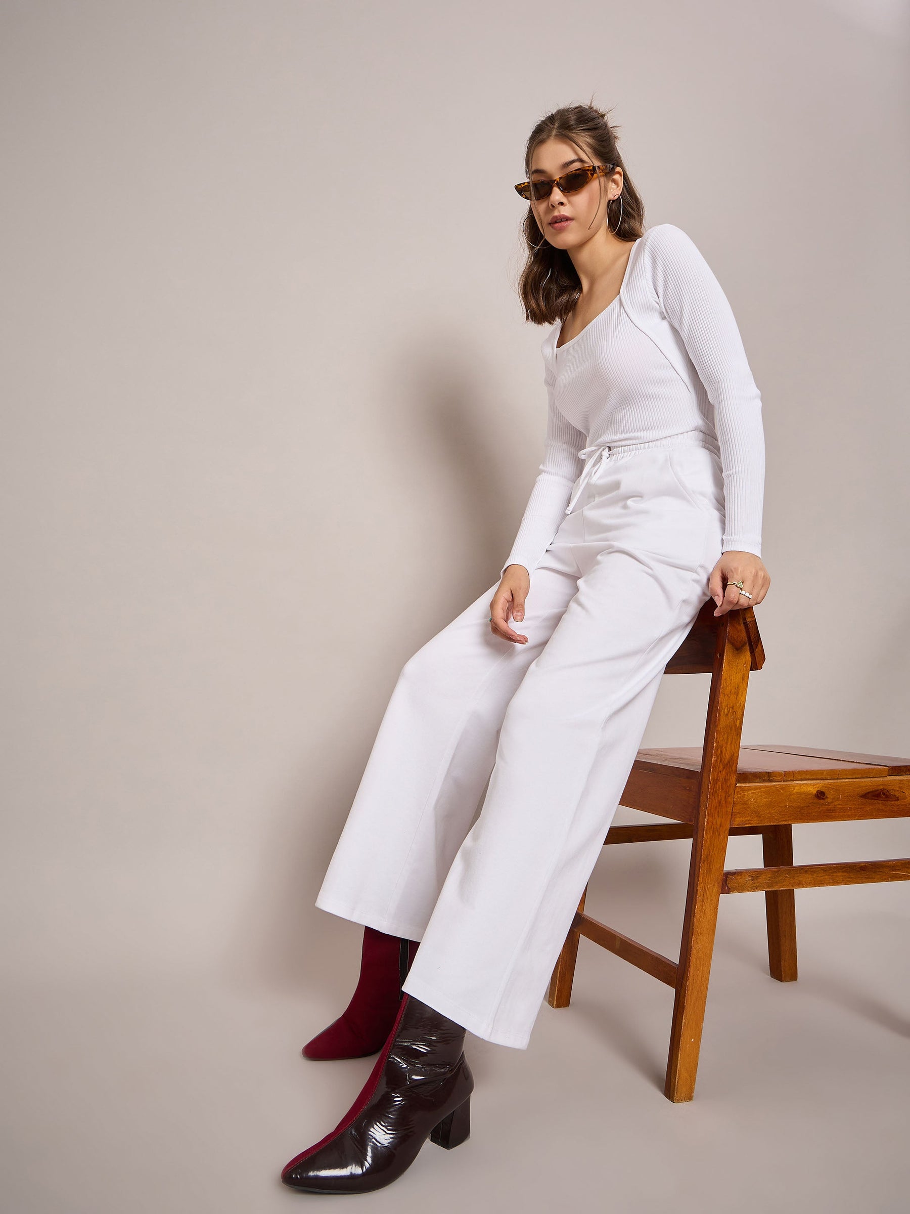 White Rib Square Neck Full Sleeves Top with Terry Track Pants-SASSAFRAS BASICS