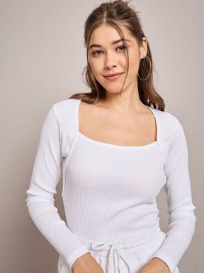 White Rib Square Neck Full Sleeves Top with Terry Track Pants-SASSAFRAS BASICS