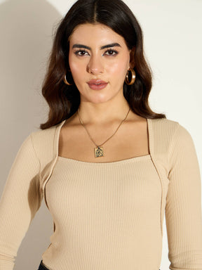 Beige Rib Square Neck Full Sleeves Top-SASSAFRAS