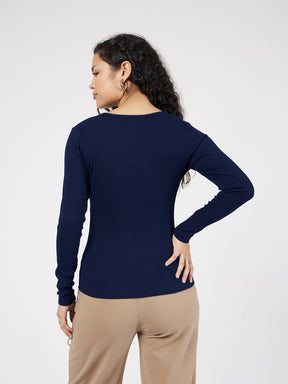 Navy Blue Rib Square Neck Full Sleeves Top-SASSAFRAS