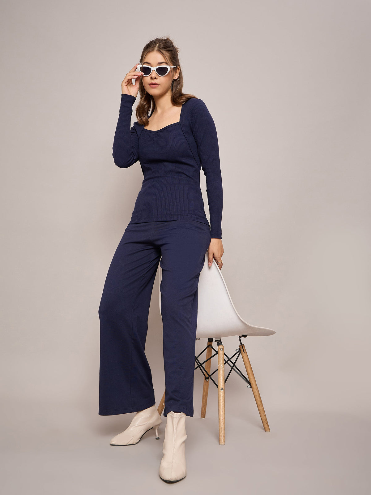 Navy Blue Rib Square Neck Full Sleeves Top With Terry Pants-SASSAFRAS BASICS