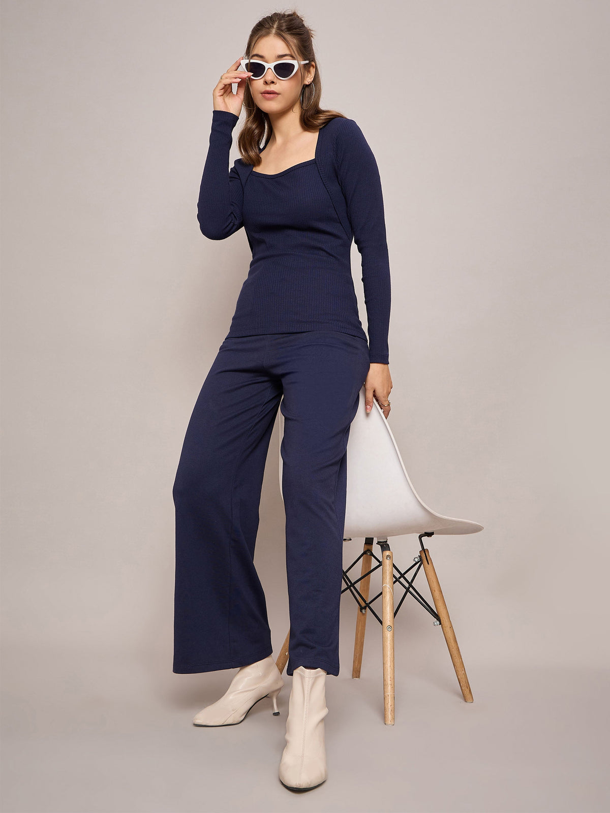 Navy Blue Rib Square Neck Full Sleeves Top With Terry Pants-SASSAFRAS BASICS