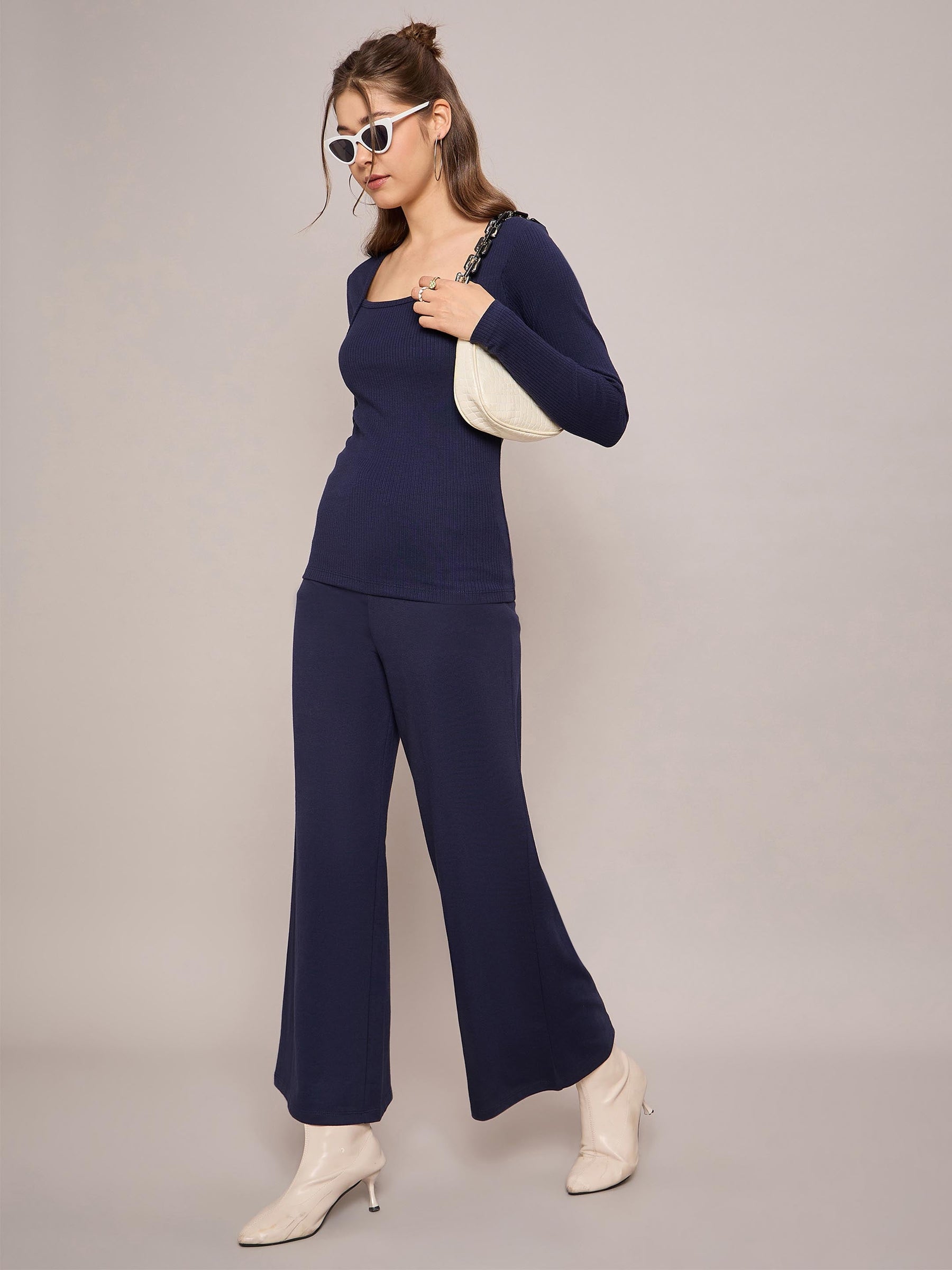 Navy Blue Rib Square Neck Full Sleeves Top With Terry Pants-SASSAFRAS BASICS