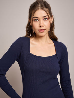 Navy Blue Rib Square Neck Full Sleeves Top With Terry Pants-SASSAFRAS BASICS