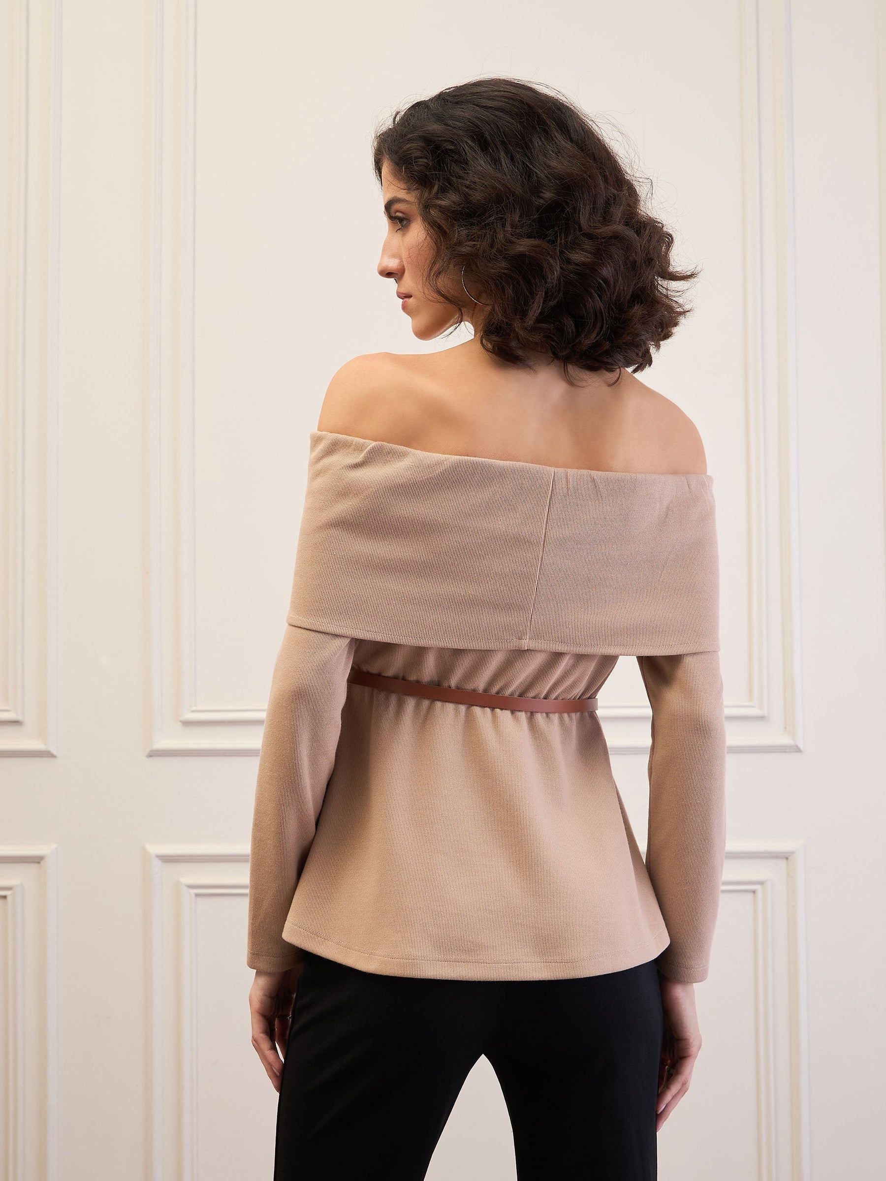 Beige Off-Shoulder Belted Peplum Top-SASSAFRAS