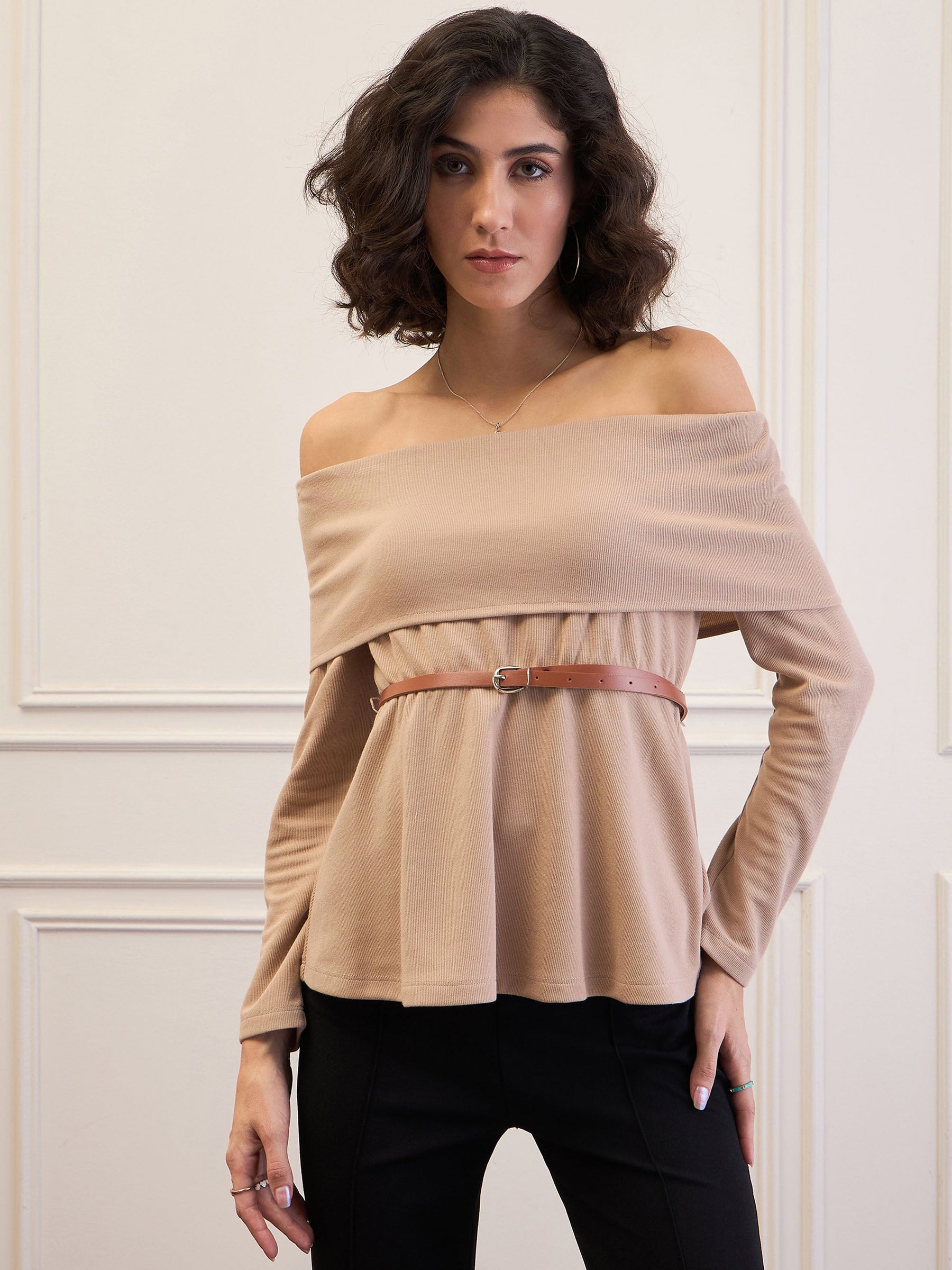 Beige Off-Shoulder Belted Peplum Top-SASSAFRAS